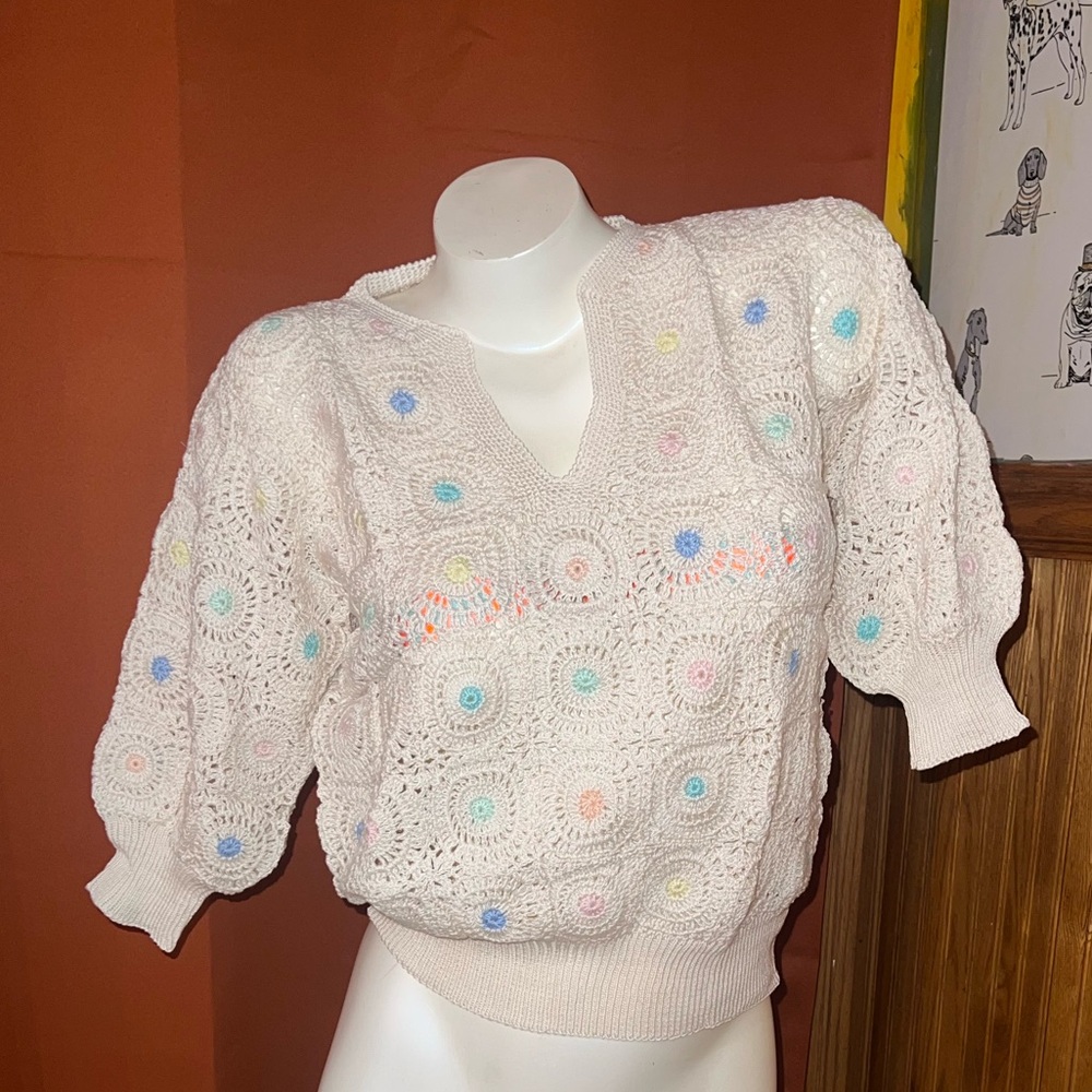 NWT Vintage Square Crochet Patchwork Knit Short Sleeve Sweater MEDIUM
